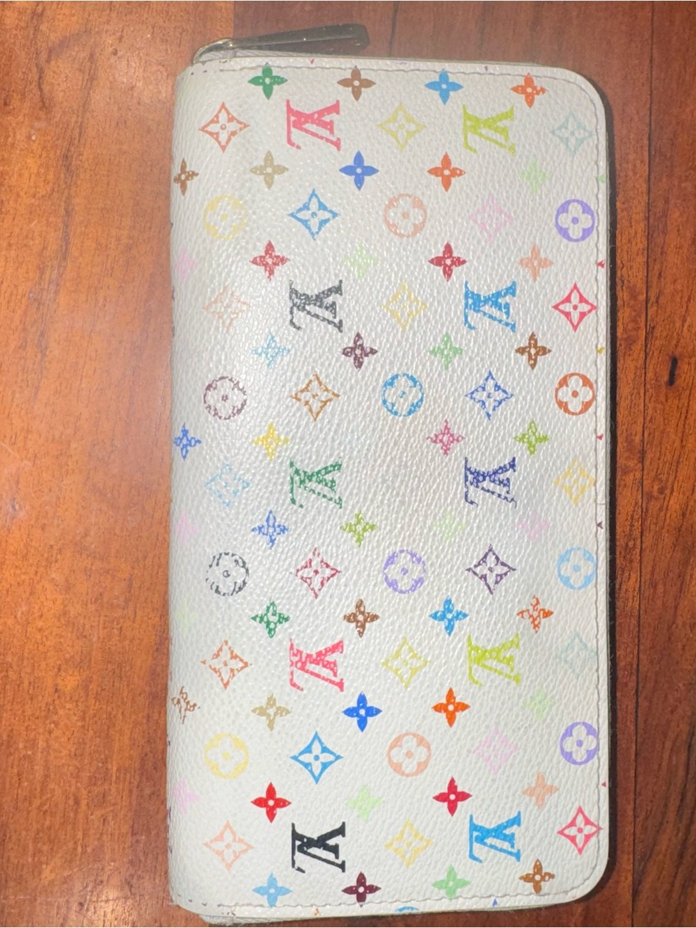 Authentic Murakami Louis Vuitton White Multicolor Monogram Zip Wallet